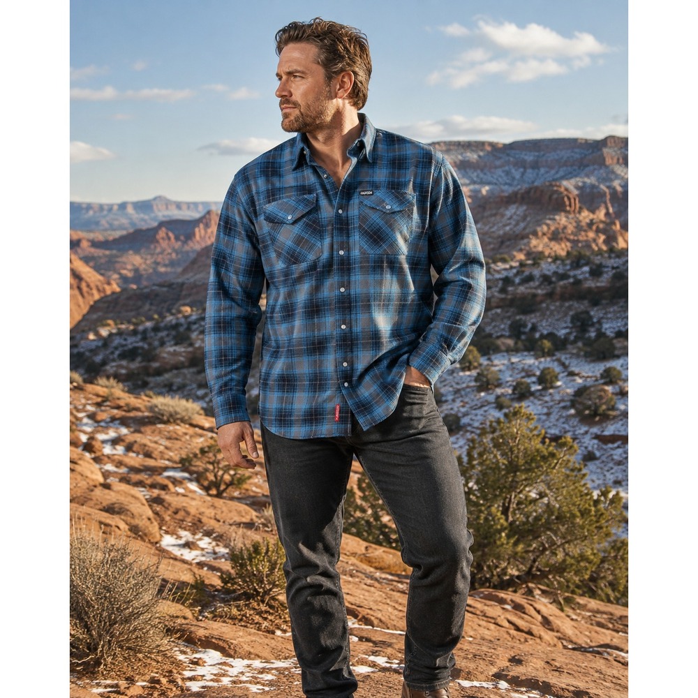 Dixxon Flannel Company Men's M Blue Gray Plaid D-Tech Pearl Snap Shirt